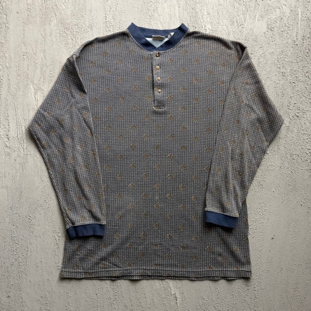 Vintage Bugle Boy Henley Shirt Large Blue 1990s Waffle Knit